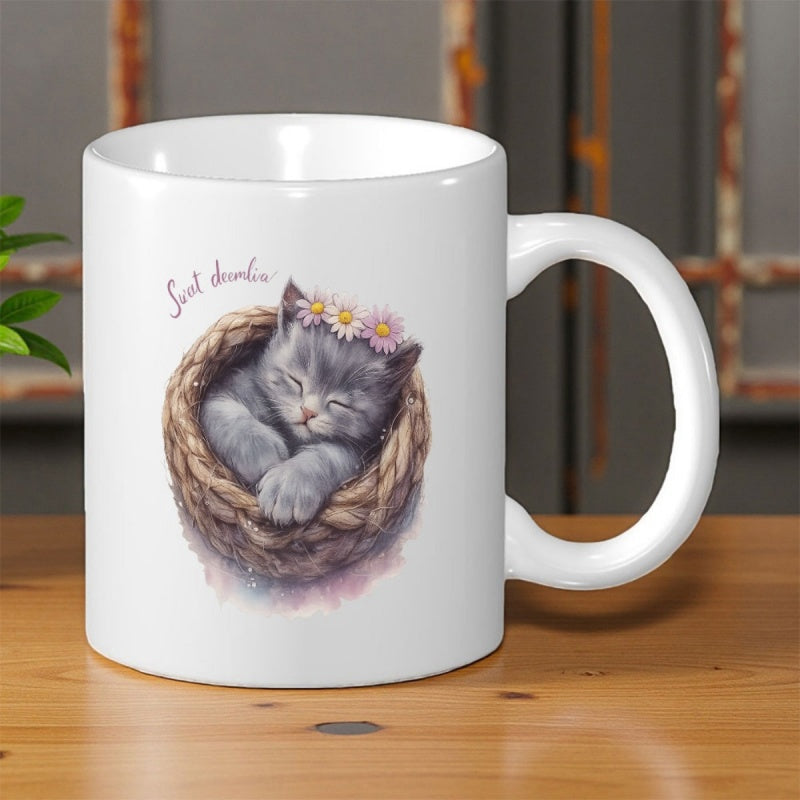 Tailorly White Ceramic 11 oz Mug - Sweet Dreams Peaceful Gray Sleeping Comfortably In A Woven Floral Basket Kitten
