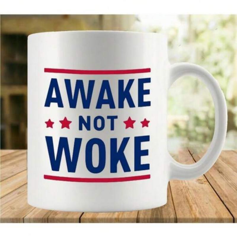 Tailorly White Ceramic 11 oz Mug - Awake Not Woke Patriotic Themed Design Featuring Four Red Stars Between Bold Blue Text Lines Star