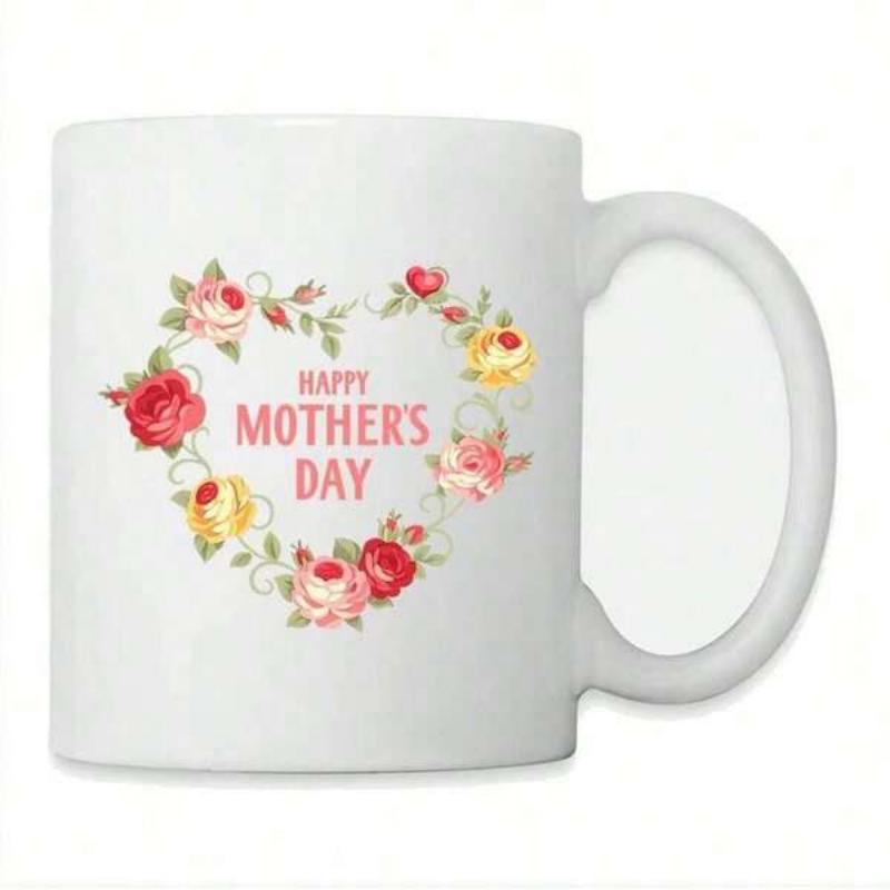 Tailorly White Ceramic 11 oz Mug - Happy Mother's Day Vintage Wreath With Blooming Roses And Porcelain Teapots Heart