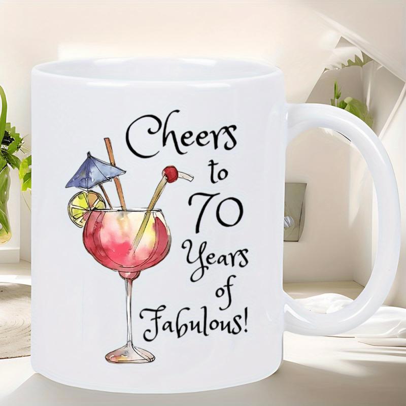Tailorly White Ceramic 11 oz Mug - Cheers To 70 Years Of Fabulous Watercolor Cocktail Glass With Little Blue Umbrella And Slice Of Lime Drink