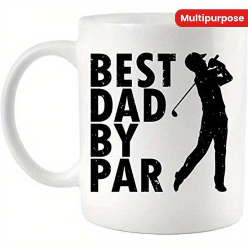 Tailorly White Ceramic 11 oz Mug - Best Dad By Par Distressed Bold Lettering With Athletic Silhouette Of Professional Man Swinging Club Golfer