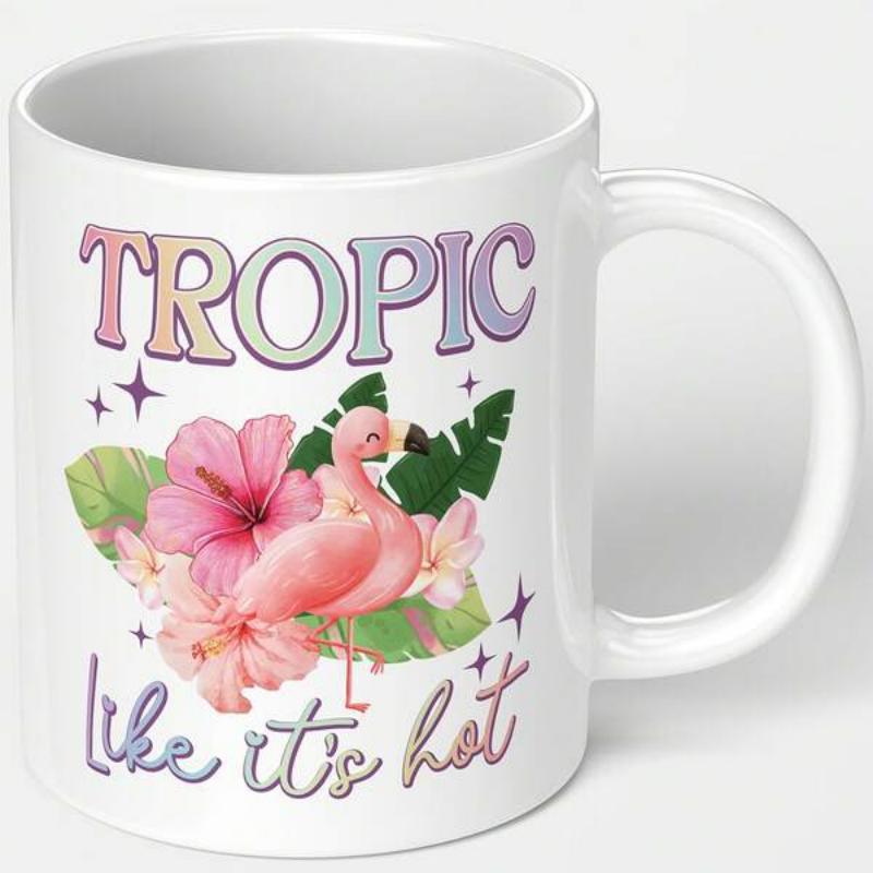 Tailorly White Ceramic 11 oz Mug - Tropic Like Its Hot Elegant Pink Bird Standing Within Vibrant Tropical Hibiscus Flowers And Greenery Flamingo