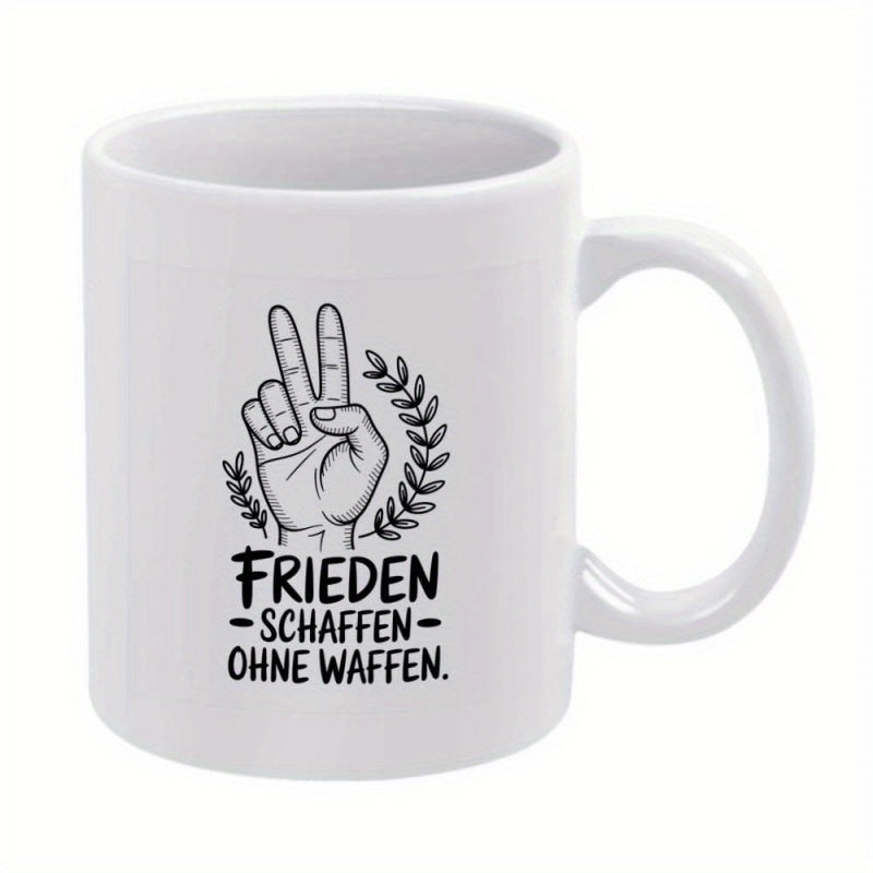 Tailorly White Ceramic 11 oz Mug - Simple Black Ink Peace Sign Featuring Elegant Symmetrical Laurel Branches Hand