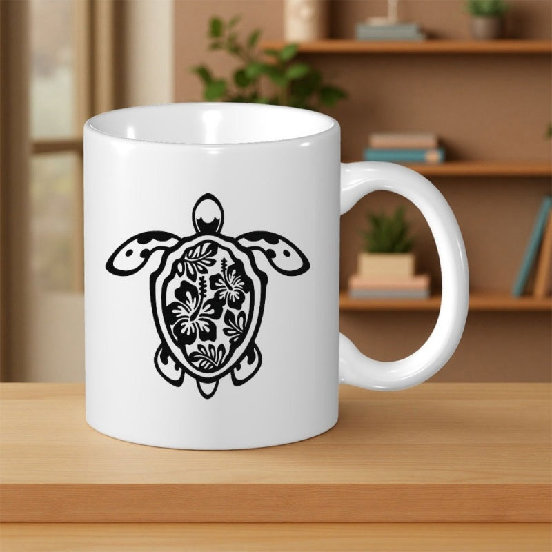 Tailorly White Ceramic 11 oz Mug - Intricate Tribal Pattern With Hibiscus Flowers And Tropical Foliage Inside A Majestic Turtle