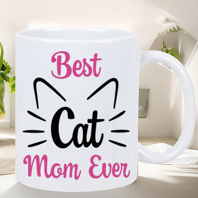 Tailorly White Ceramic 11 oz Mug - Best Cat Mom Ever Simple Black Line Art Featuring Pointed Ears And Whiskers Cat