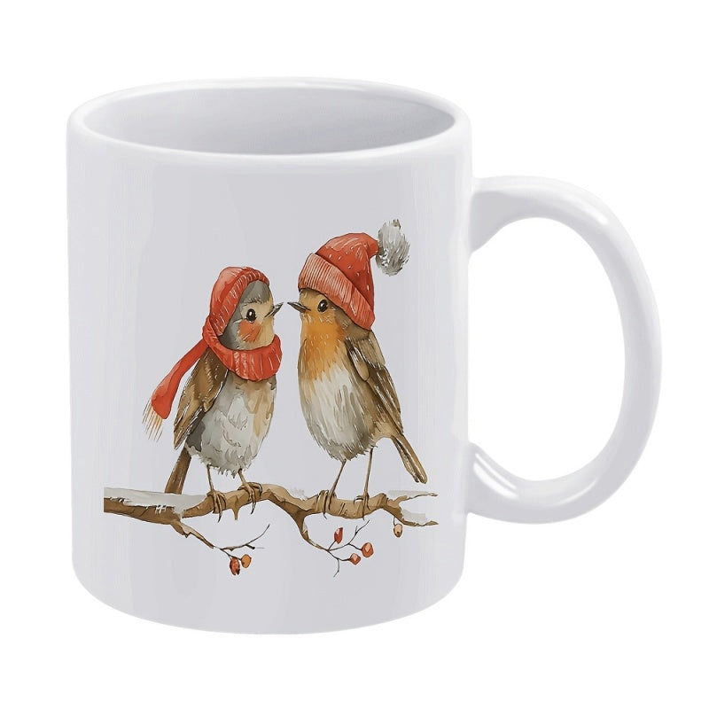 Tailorly White Ceramic 11 oz Mug - Two Cute Watercolor Robins Wearing Red Winter Hats On Snowy Branch Robin