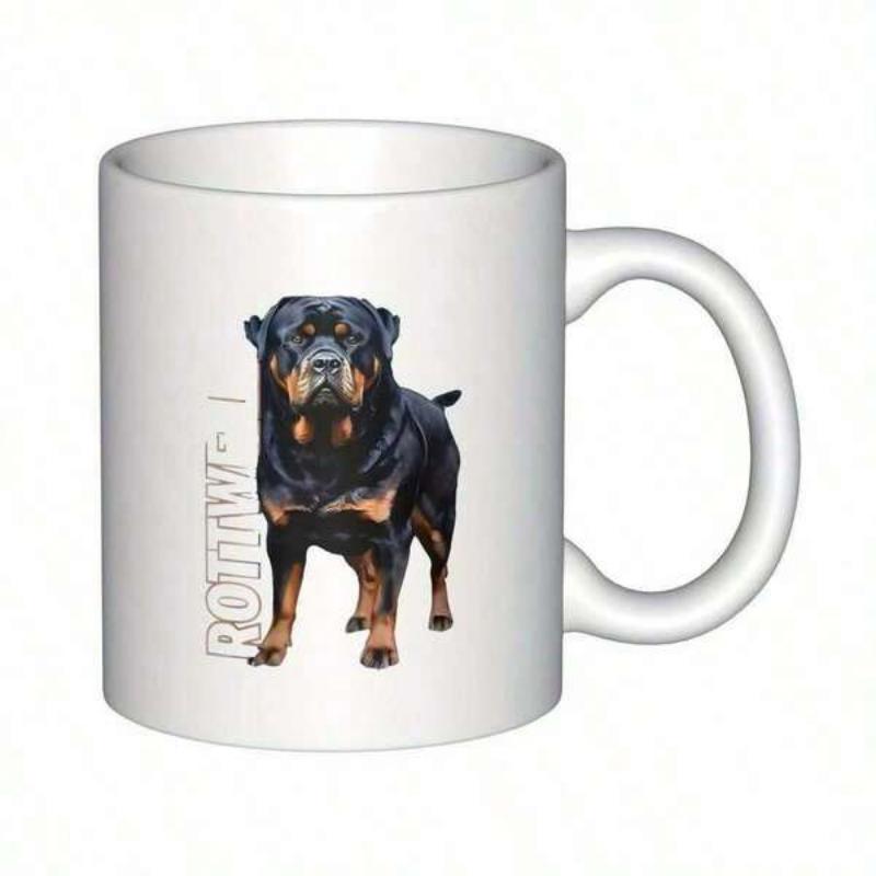 Tailorly White Ceramic 11 oz Mug - Rottweiler Powerful Muscular Black And Tan Dog Standing Alertly Rottweiler