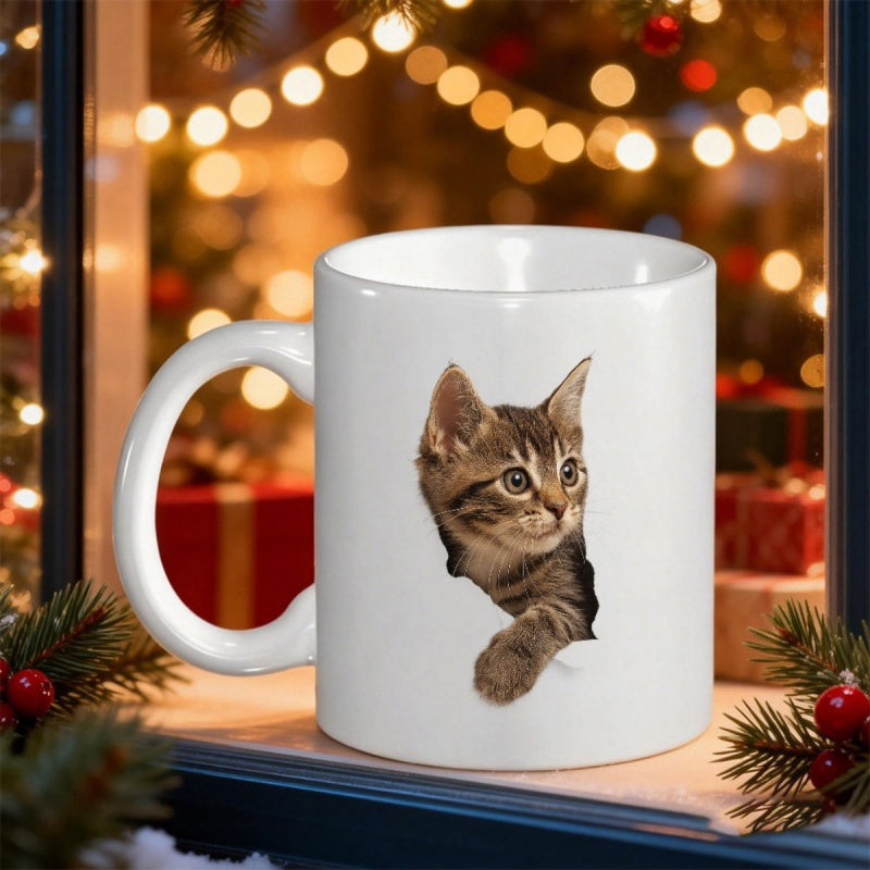 Tailorly White Ceramic 11 oz Mug - Realistic Adorable Tabby Peeking Out From A Small Hidden Hole Cat