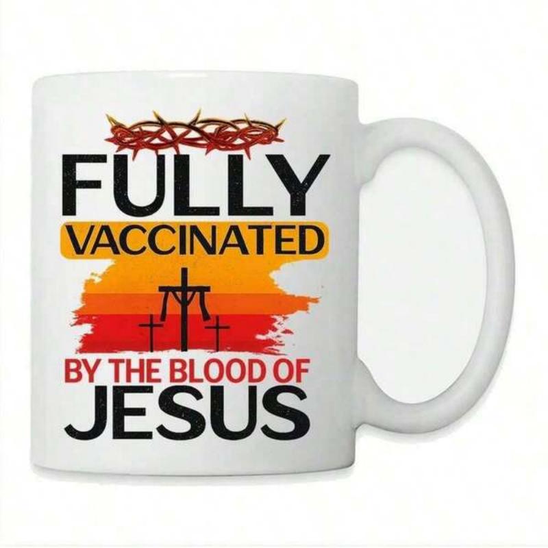 Tailorly White Ceramic 11 oz Mug - Fully Vaccinated By The Blood Of Jesus Three Symbolic Crosses Standing Before A Distressed Vibrant Sunset Background Cross