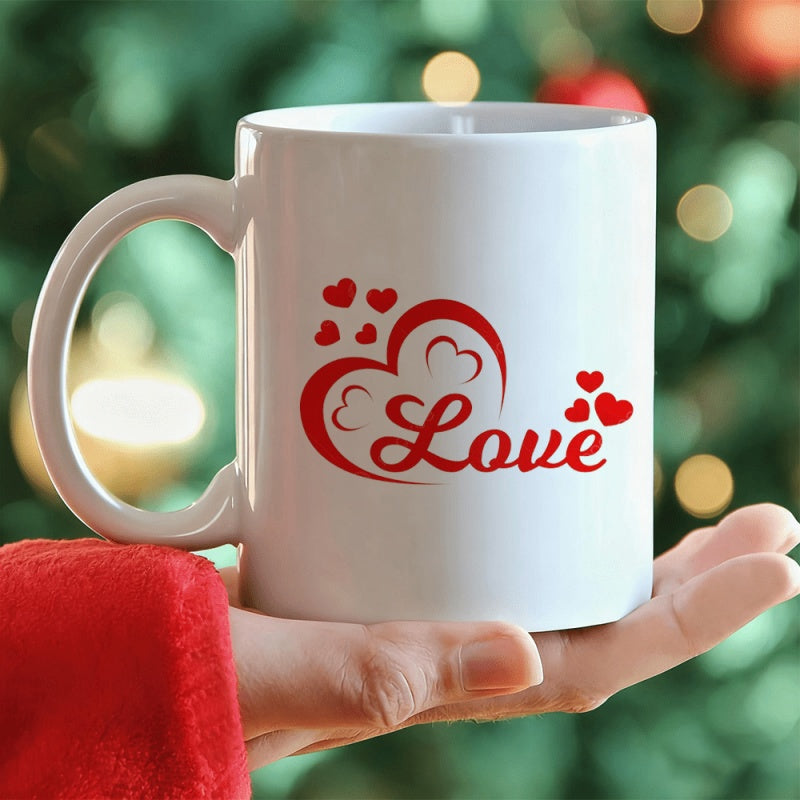 Tailorly White Ceramic 11 oz Mug - Love Elegant Red Stylized Outlined Hearts Sweeping Across A Clean Surface Heart