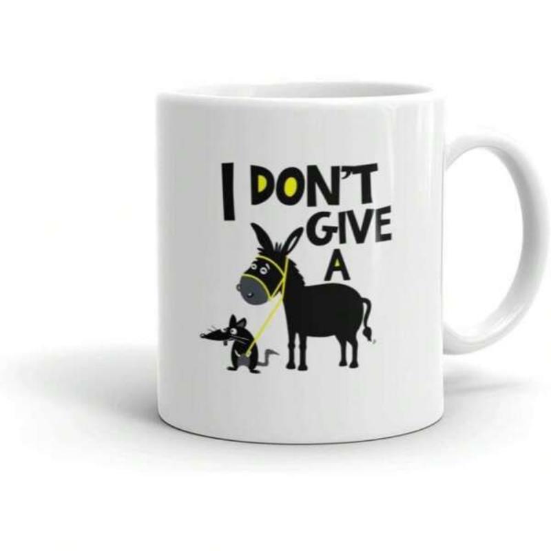 Tailorly White Ceramic 11 oz Mug - I Don't Give A Minimalist Black Silhouette Donkey Being Led By A Small Whimsical Rat Donkey
