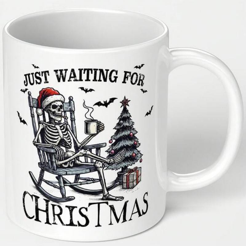 Tailorly White Ceramic 11 oz Mug - Just Waiting For Christmas Skeleton Wearing Santa Hat Sitting In Rocking Chair Holding Steaming Coffee Mug Skeleton