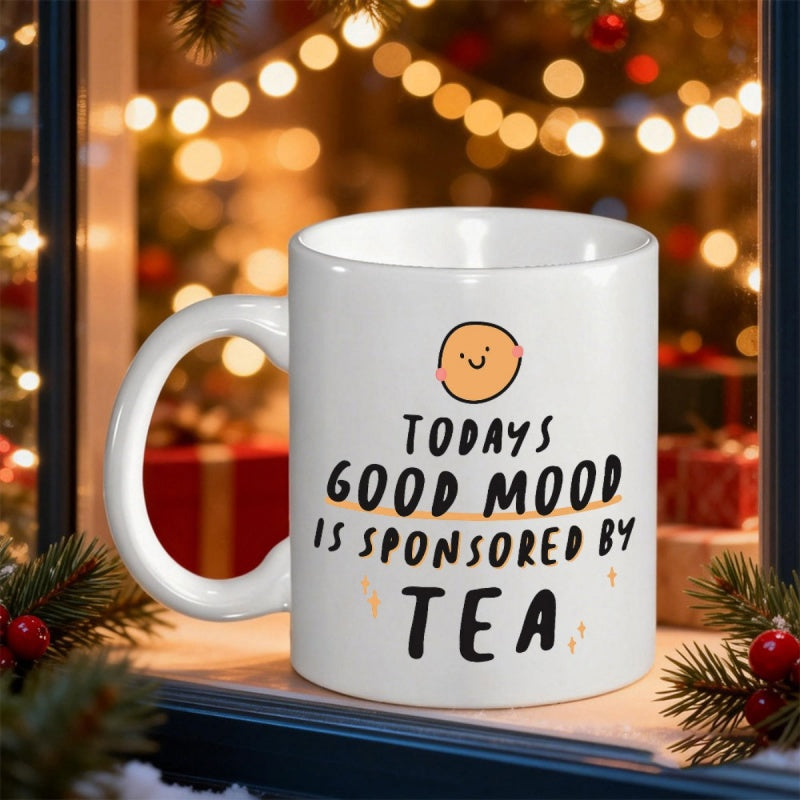 Tailorly White Ceramic 11 oz Mug - Todays Good Mood Is Sponsored By Tea Minimalist Hand Drawn Smiling Orange Cookie Icon For Kitchen Decor Tea