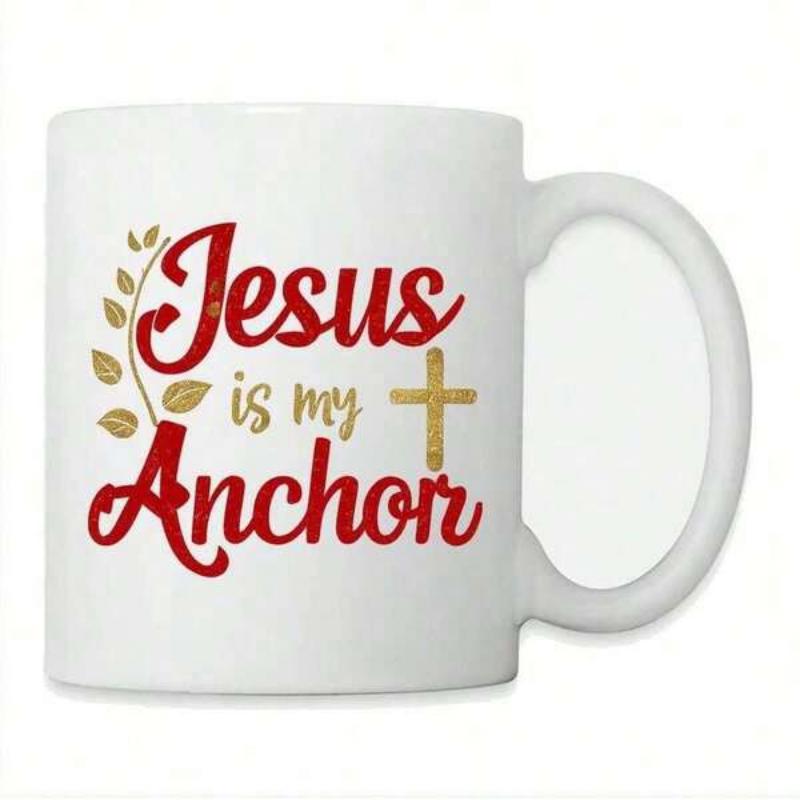 Tailorly White Ceramic 11 oz Mug - Jesus Is My Anchor Elegant Red Script With Golden Cross And Delicate Leafy Vine Mug