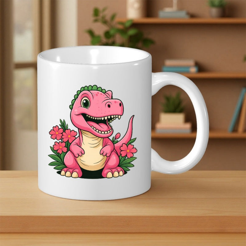 Tailorly White Ceramic 11 oz Mug - Cheerful Pink Cartoon Creature Surrounded By Vibrant Blooming Flowers And Tropical Leaves Dinosaur