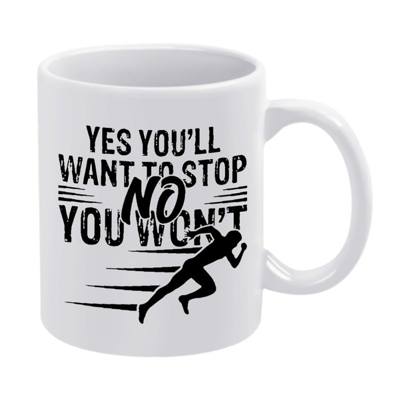 Tailorly White Ceramic 11 oz Mug - Yes Youll Want To Stop No You Wont Powerful Dark Silhouette Of A Person Running With Speed Motion Lines Runner