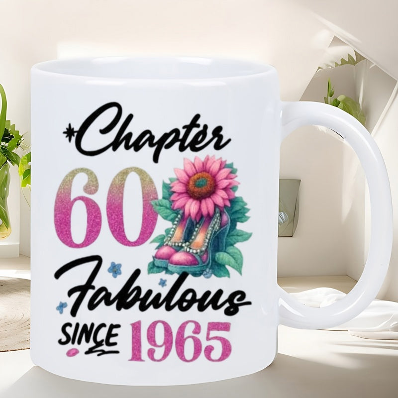 Tailorly White Ceramic 11 oz Mug - Chapter 60 Fabulous Since 1965 Vibrant Pink Petals And High Heels Nestled Within Lush Green Leaves Sunflower
