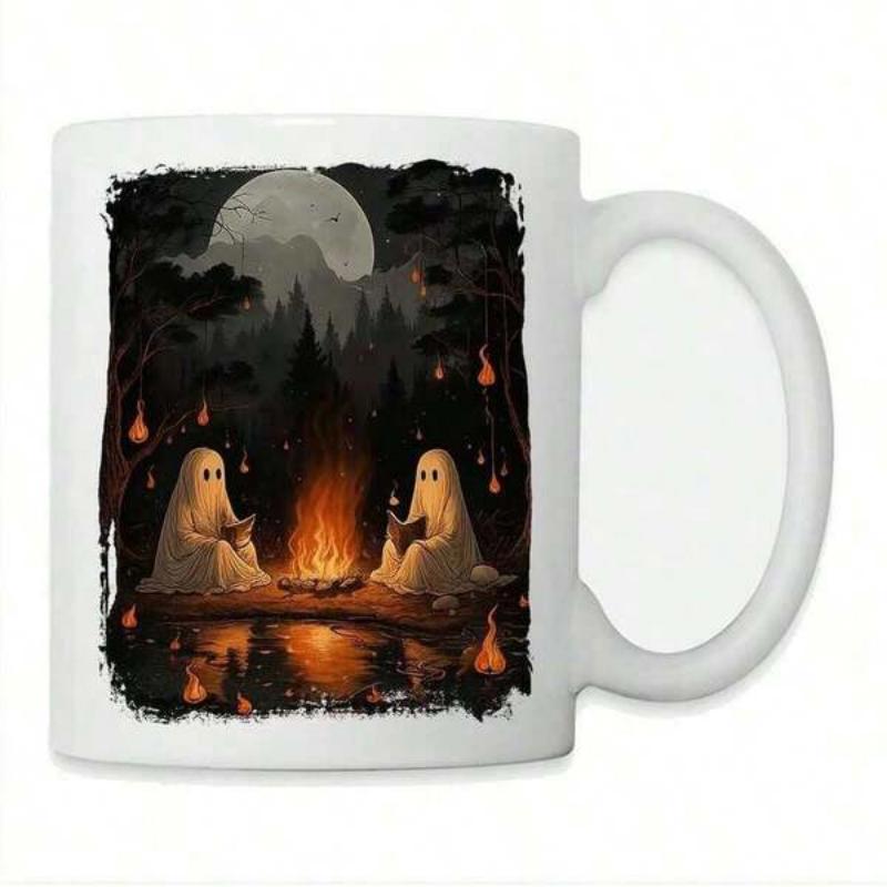 Tailorly White Ceramic 11 oz Mug - Cozy Campfire Night Under Full Moon In Dark Misty Forest Ghost