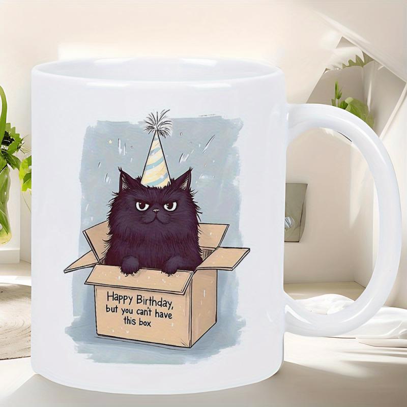 Tailorly White Ceramic 11 oz Mug - Happy Birthday But You Can't Have This Box Fluffy Grumpy Black Cat Sitting Inside A Simple Brown Cardboard Box Cat