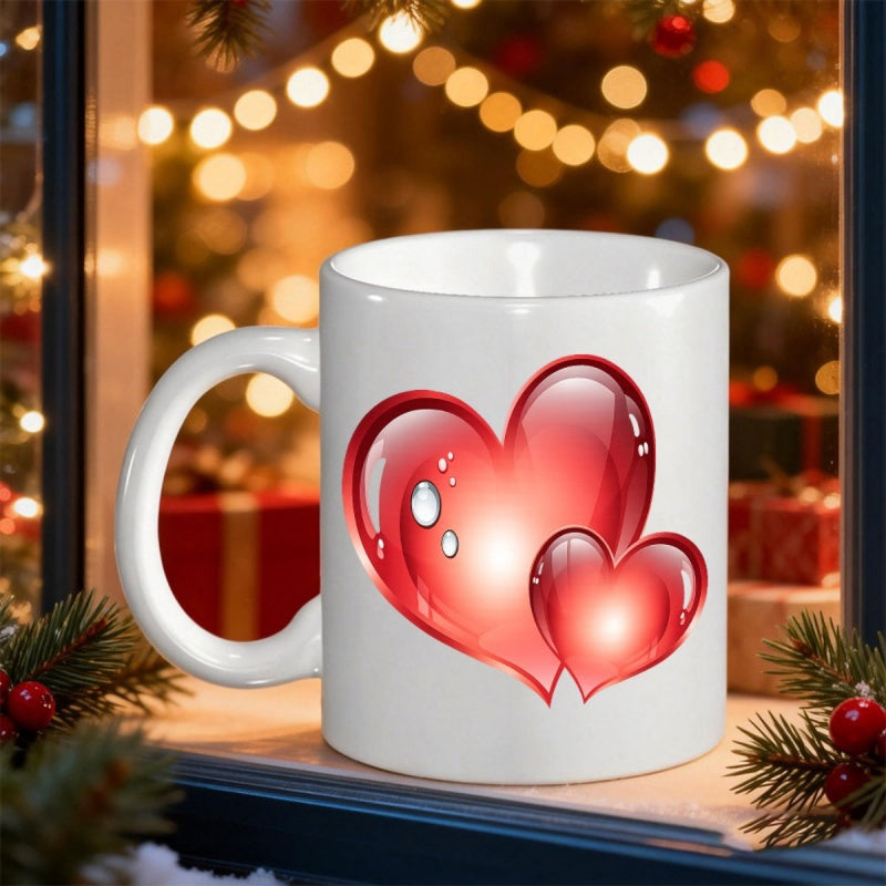Tailorly White Ceramic 11 oz Mug - Glistening Double Red Glowing Vibrant Hearts With Elegant Reflections Heart