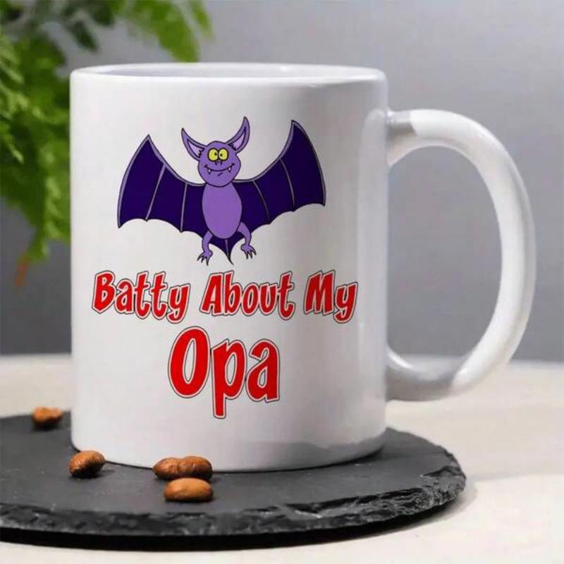 Tailorly White Ceramic 11 oz Mug - Batty About My Opa Cute Purple Cartoon Creature With Large Wings And A Friendly Smile Bat