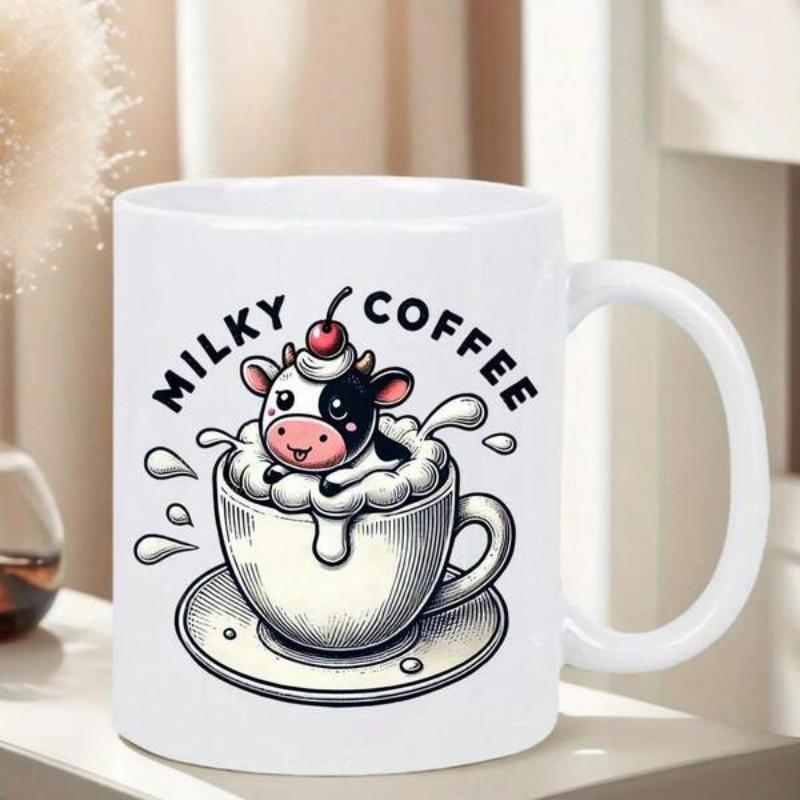 Tailorly White Ceramic 11 oz Mug - Milky Coffee Adorable Cartoon Calf Relaxing Inside A Creamy Foaming Coffee Cup Cow