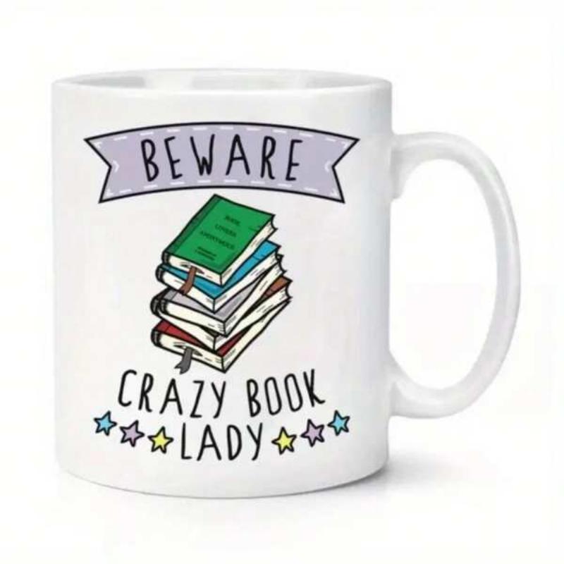 Tailorly White Ceramic 11 oz Mug - Beware Crazy Book Lady Colorful Stacked Literature Among Charming Little Decorative Stars Books