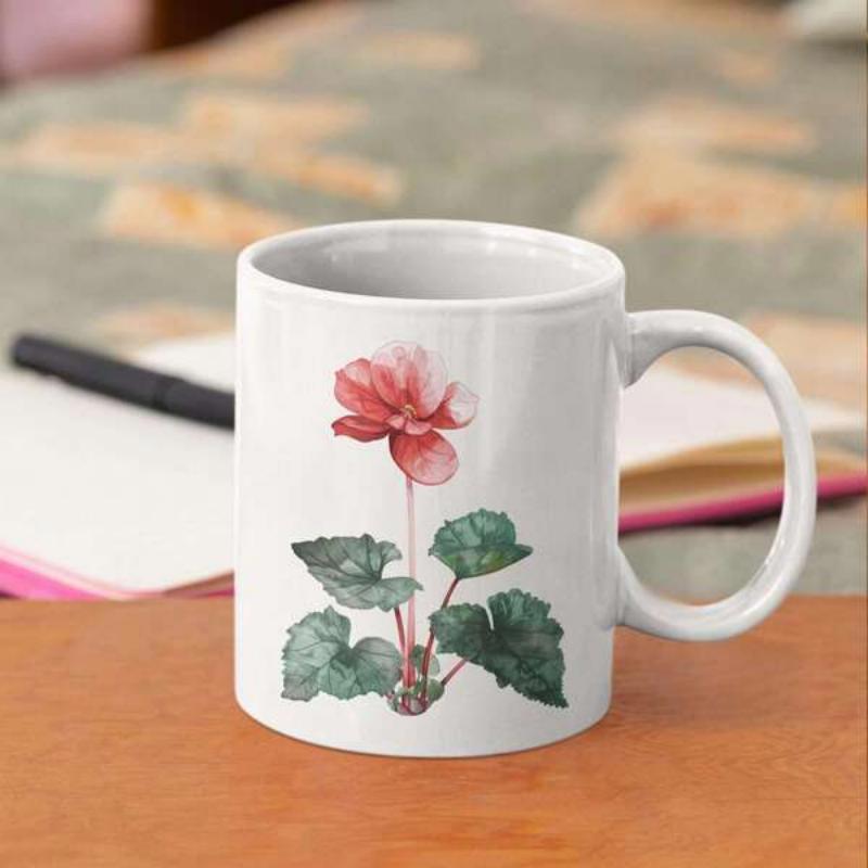 Tailorly White Ceramic 11 oz Mug - Elegant Watercolor Pink Botanical Blossom Among Lush Green Leaves Flower