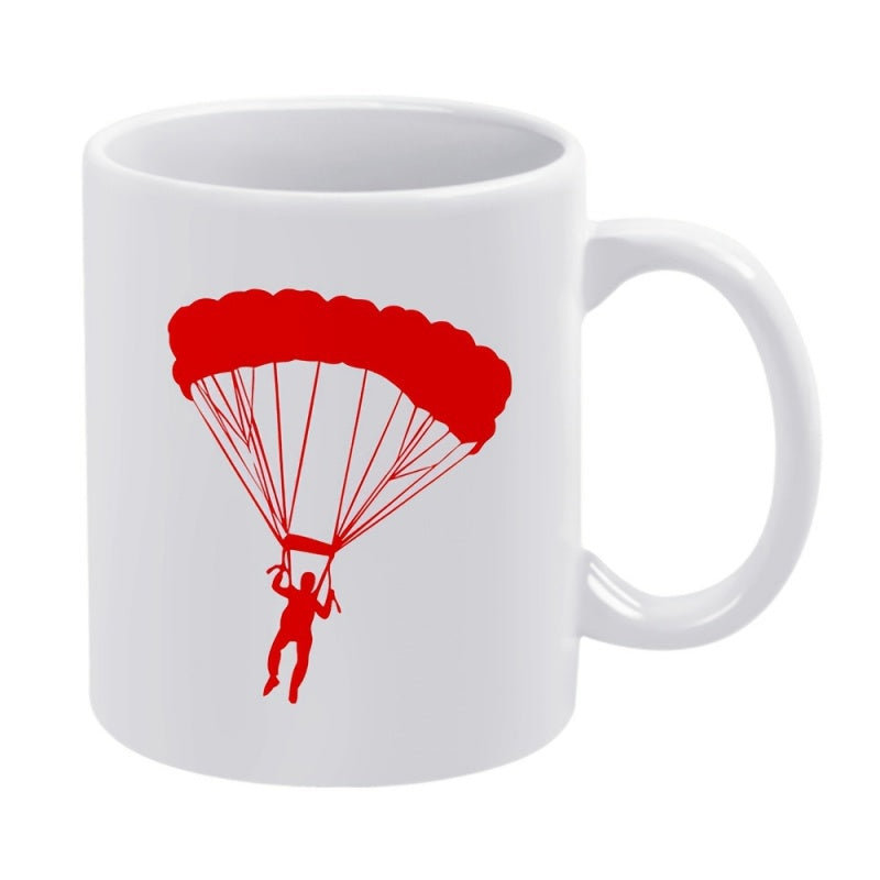 Tailorly White Ceramic 11 oz Mug - Red Minimalist Silhouette Drifting Through The Sky Under A Large Open Parachutist