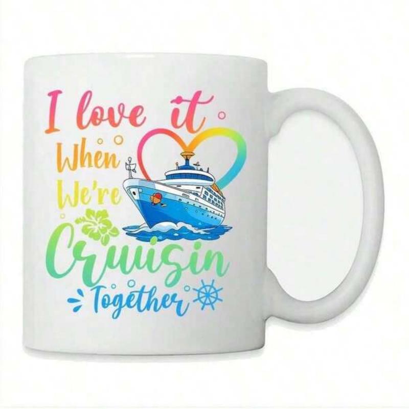 Tailorly White Ceramic 11 oz Mug - I Love It When Were Cruisin Together Sailing Upon Gentle Blue Waves Beneath Colorful Rainbow Heart Ship