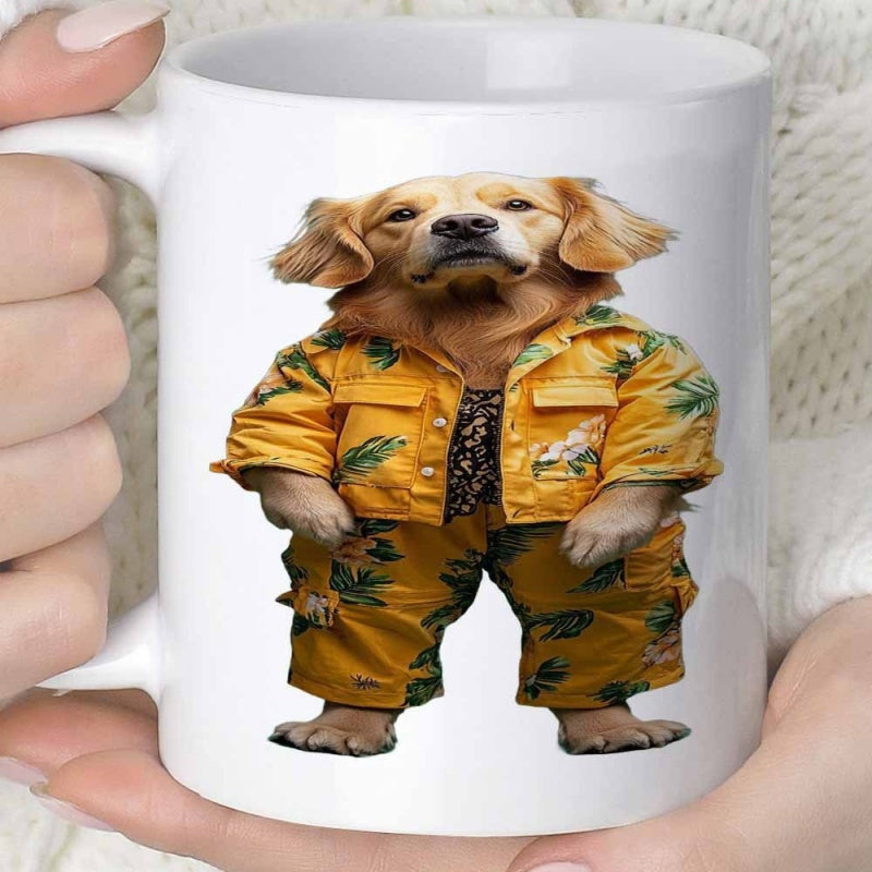 Tailorly White Ceramic 11 oz Mug - Anthropomorphic Golden Retriever Wearing Vibrant Yellow Tropical Hawaiian Summer Outfit Standing Dog
