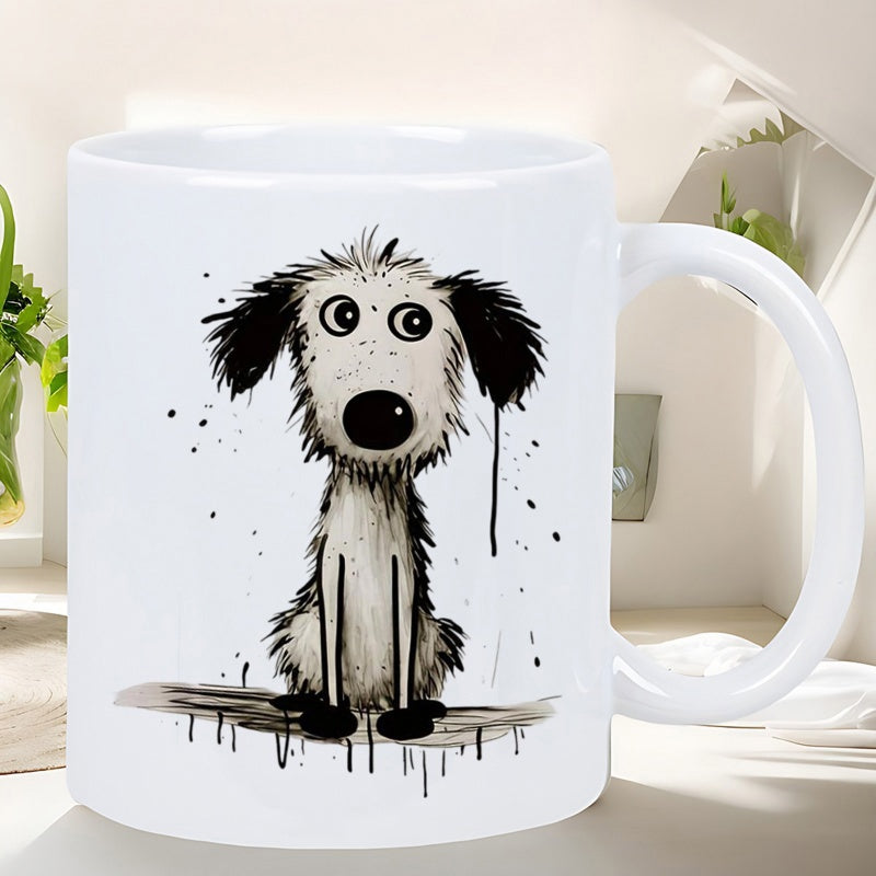 Tailorly White Ceramic 11 oz Mug - Sketchy Hand Drawn Scruffy Puppy With Playful Ink Splatters And Expressive Eyes Dog