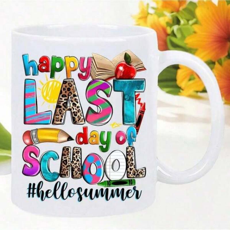 Tailorly White Ceramic 11 oz Mug - Happy Last Day Of School Hello Summer Colorful Educational Icons With Leopard Print Text And Red Apple School