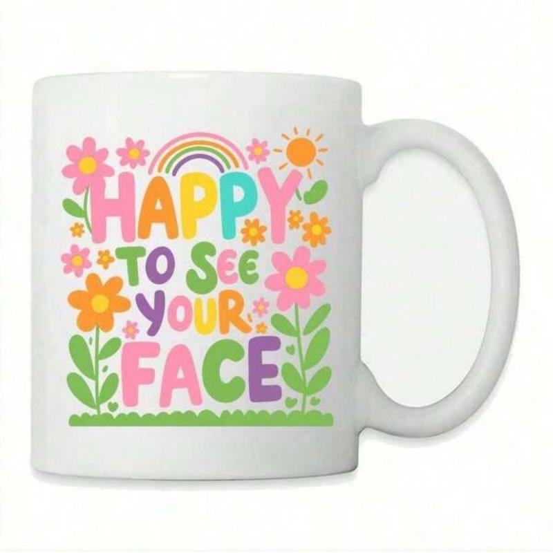 Tailorly White Ceramic 11 oz Mug - Happy To See Your Face Colorful Blossoming Garden Beneath Radiant Rainbow And Smiling Sun Meadow Flower