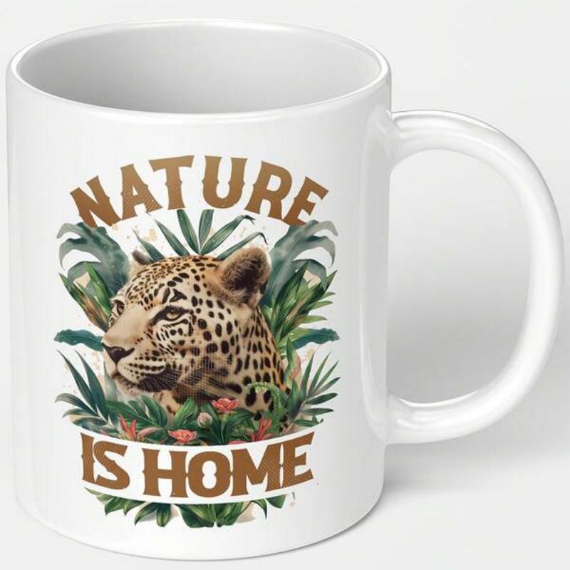 Tailorly White Ceramic 11 oz Mug - Nature Is Home Majestic Wild Leopard Peeking Through Lush Green Tropical Foliage And Jungle Leopard