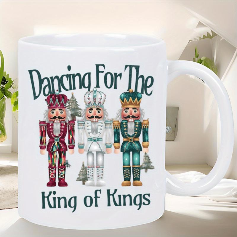 Tailorly White Ceramic 11 oz Mug - Dancing For The King Of Kings Three Traditional Decorative Festive Holiday Nutcracker Soldiers Among Pine Trees Nutcracker