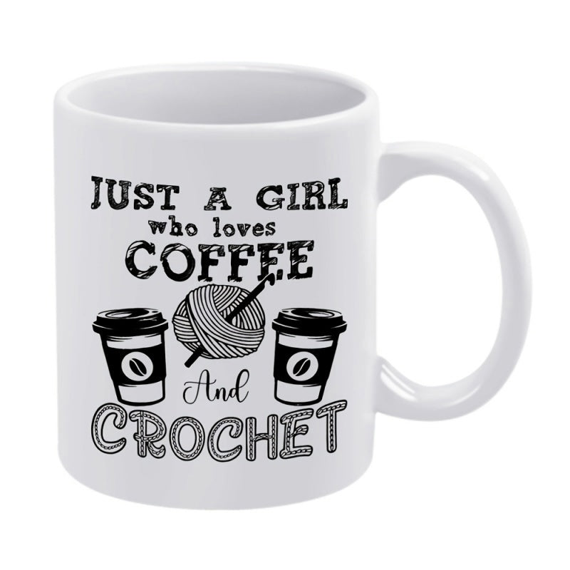 Tailorly White Ceramic 11 oz Mug - Just A Girl Who Loves Coffee And Crochet Detailed Line Art Of Yarn Ball With Hook And To Go Coffee Mug