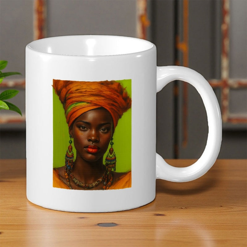 Tailorly White Ceramic 11 oz Mug - Elegant African Lady Wearing Vibrant Orange Headwrap With Golden Jewelry Woman
