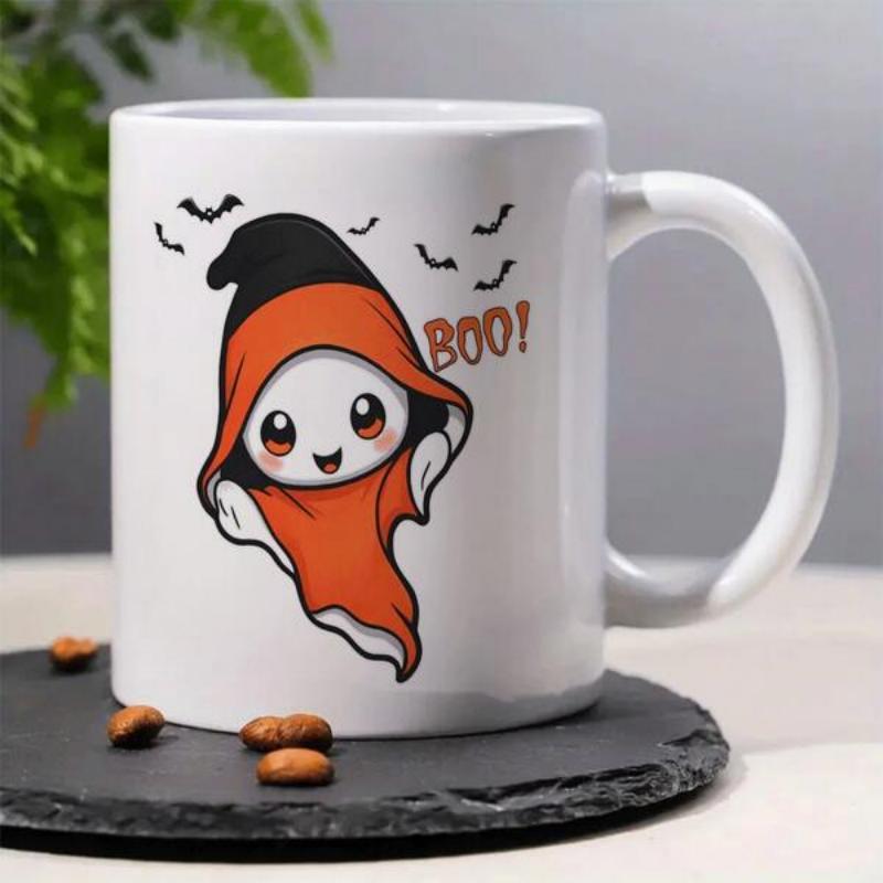 Tailorly White Ceramic 11 oz Mug - Boo Cute Adorable Little Halloween Spirit Wearing Orange Hood Among Flying Bats Ghost