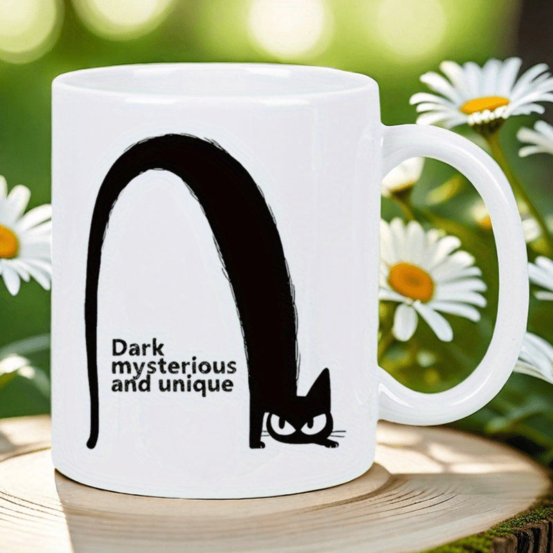 Tailorly White Ceramic 11 oz Mug - Dark Mysterious And Unique Minimalist Long Body Black Feline With Grumpy Eyes Cat