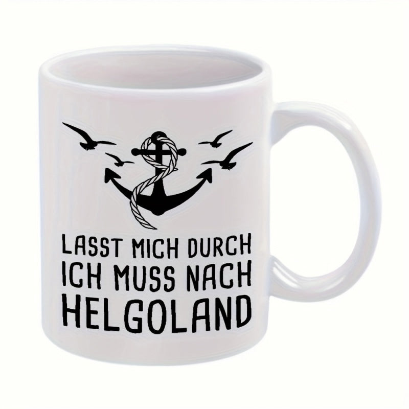 Tailorly White Ceramic 11 oz Mug - Simple Nautical Silhouette With Flying Birds And A Strong Metal Anchor