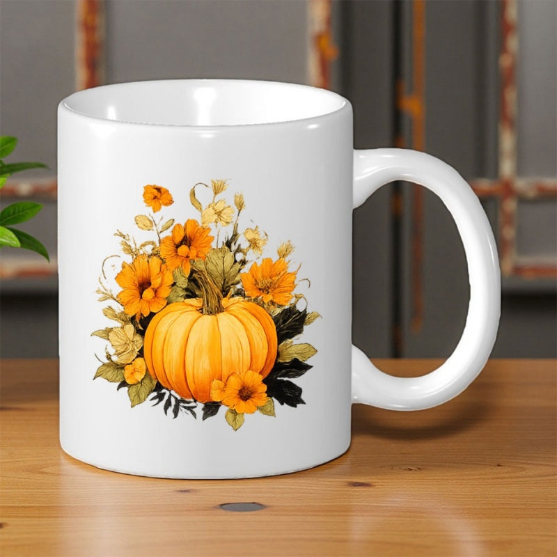 Tailorly White Ceramic 11 oz Mug - Elegant Harvest Pumpkin Surrounded By Vibrant Autumn Flowers And Seasonal Foliage Pumpkin