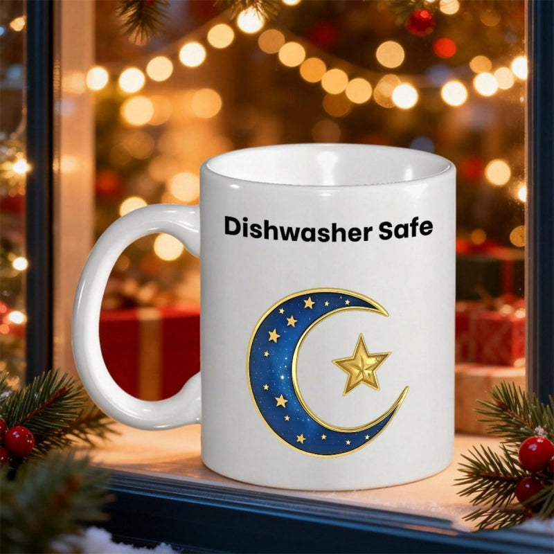 Tailorly White Ceramic 11 oz Mug - Dishwasher Safe Celestial Night Theme With Glowing Stars Resting Inside A Crescent Moon