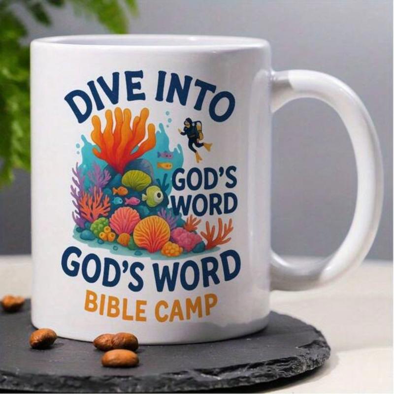 Tailorly White Ceramic 11 oz Mug - Dive Into God's Word Bible Camp Underwater Coral Reef With Scuba Diver And Colorful Tropical Fish Mug