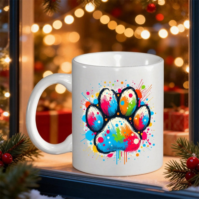 Tailorly White Ceramic 11 oz Mug - Vibrant Rainbow Splatter Paint Design Featuring Artistic Animal Pet Footprint Paw