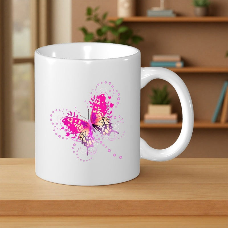 Tailorly White Ceramic 11 oz Mug - Vibrant Pink Wings With Elegant Swirling Patterns And Decorative Floral Butterfly