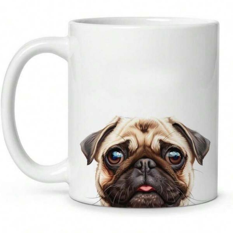 Tailorly White Ceramic 11 oz Mug - Adorable Peeking Wrinkled Face With Large Dark Eyes And Small Tongue Pug