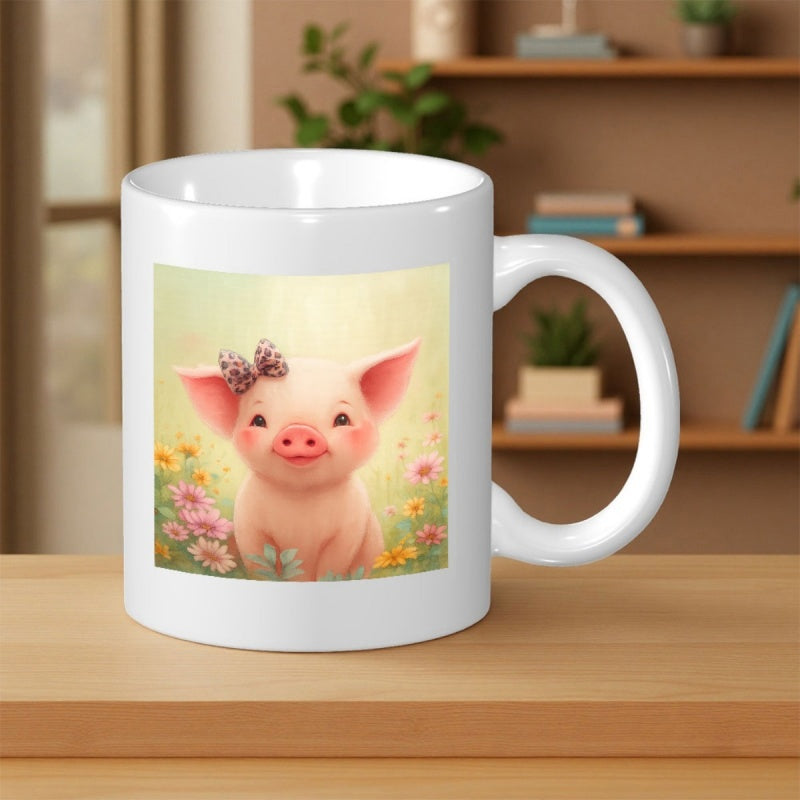 Tailorly White Ceramic 11 oz Mug - Adorable Pink Piglet Wearing Polka Dot Bow Sitting Among Garden Flowers Pig