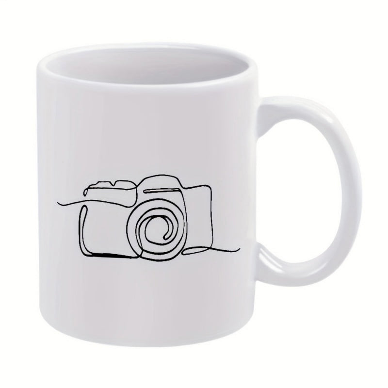 Tailorly White Ceramic 11 oz Mug - Minimalist Continuous One Line Drawing Of Modern Photography Equipment Camera