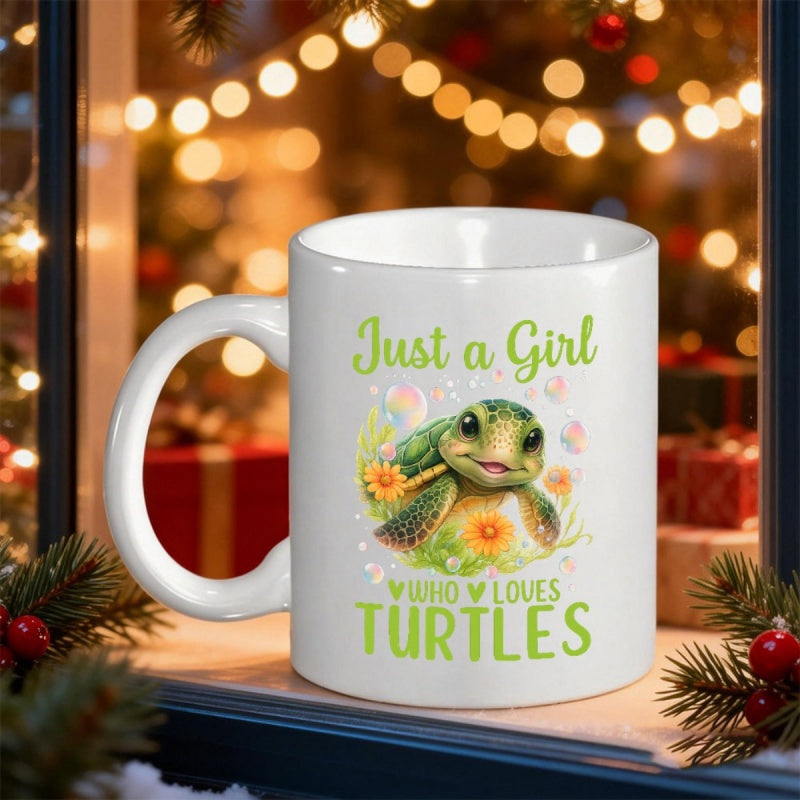 Tailorly White Ceramic 11 oz Mug - Just A Girl Who Loves Turtles Adorable Baby Sea Turtle With Yellow Flowers In Underwater Atmosphere Turtle